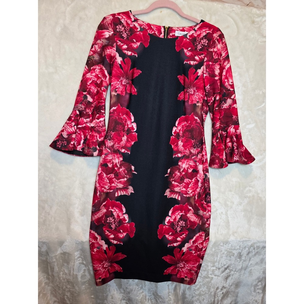 Calvin Klein Floral Bell Sleeve Sheath Dress Black Red Pink Scuba Size 4